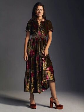 Anthropologie Somerset Velvet Floral Maxi Dress Green Motif